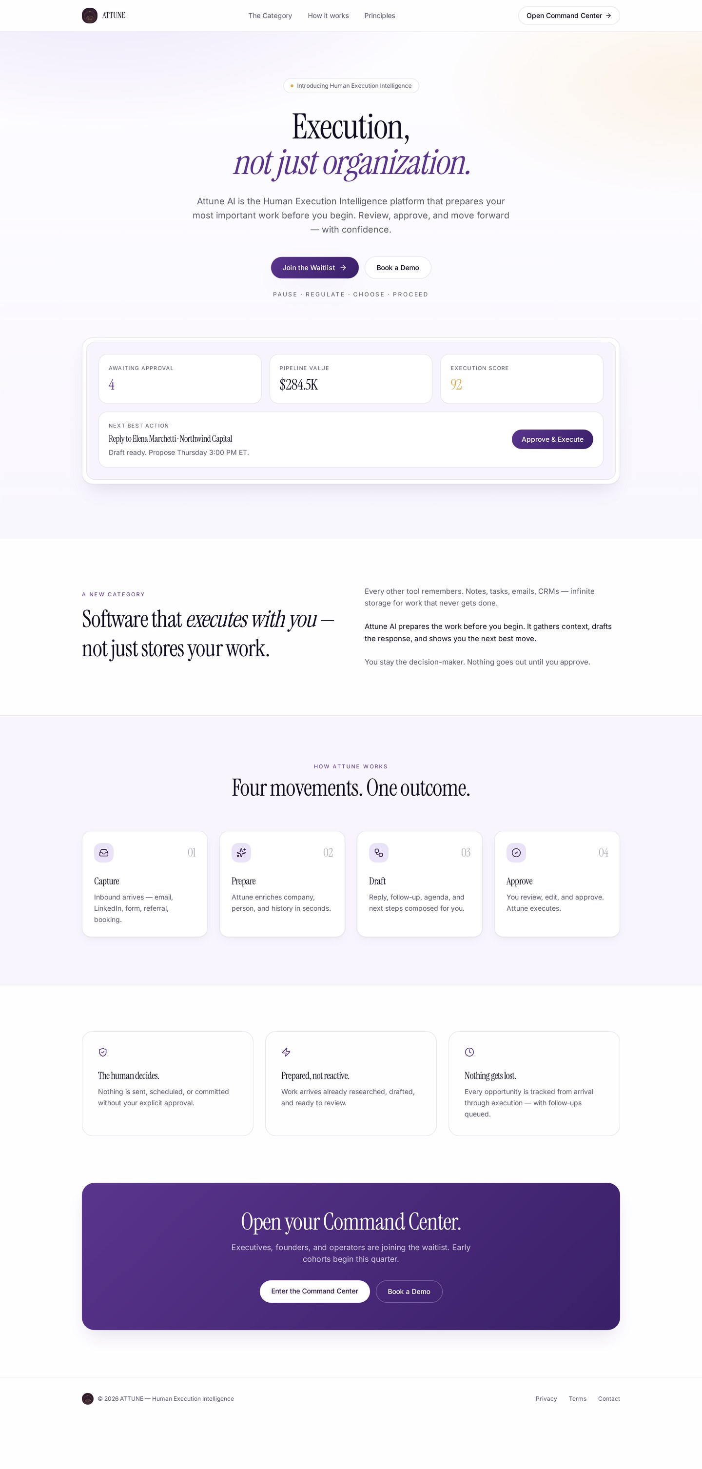 ATTUNE AI homepage — Introducing Human Execution Intelligence, Execution, not just organization, with Join the Waitlist and Book a Demo and the Command Center preview